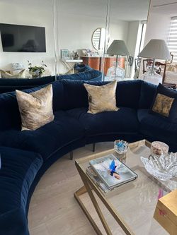 Robin Bruce Curved navy blue velvet C shape sofa