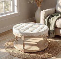 31.5" Large Round Tufted Ottoman Coffee Table — Beige, Rubberwood Frame