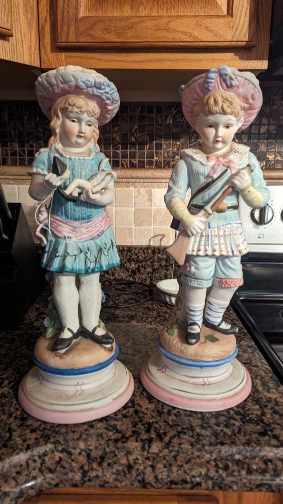 Set of Two Antique Large Polychrome Bisque Figures/Statues Boy & Girl German