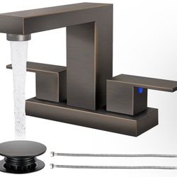 Bathroom Faucets for Sink 3 Hole, Oil Rubbed Bronze Bathroom Sink Faucet Square 4 Inch Centerset with Pop-Up Drain, 2 Handle and 2 Supply Hoses, Lead-