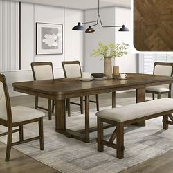 New 6 Piece Elegant Dining Set.  Wood Grain Table / Padded Upholstered Chairs & Bench.  Free Delivery!