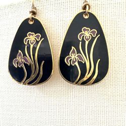 Laurel Burch Black Enamel Iris Drop Earrings Gold Tone