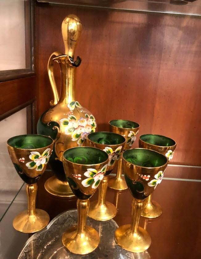 7 piece Bohemian Green Decanter and Glasses