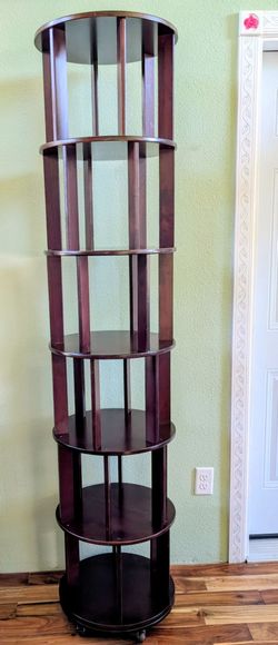 6-Tier Solid Wood Rotating Bookshelf – 360° Rotating Tower with Locking Wheels – Round spinning bookcase