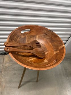 Wooden Salad Serving Bowl on Golden Tripod