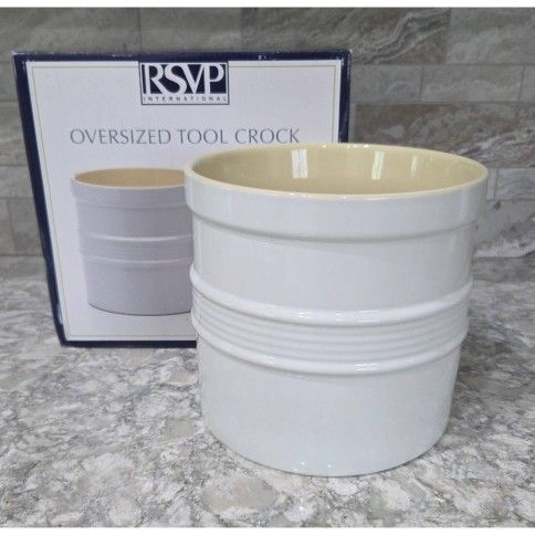 Large White Stoneware Kitchen Utensil Tool Crock with Divider, New