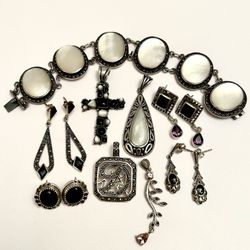 Sterling Silver Handmade Pieces Onyx Mother Of Pearl Marcasite Stones