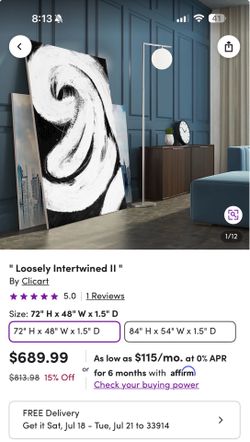 A Large Abstract Black and White Swirl Canvas Wall Art “Loosely Intertwined II”