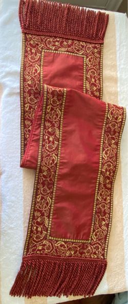 Red and Gold Embroidered Table Runner with Fringe