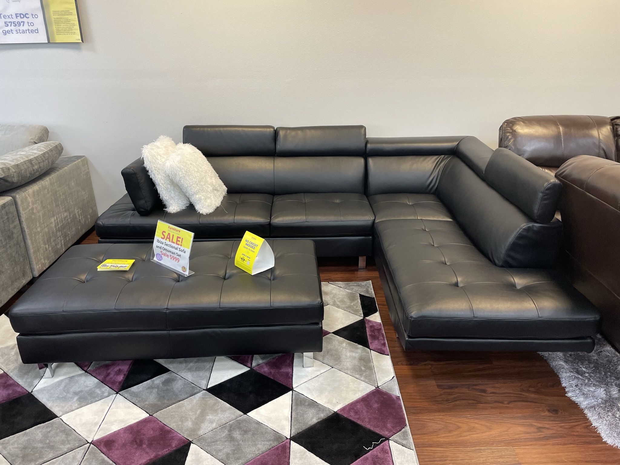 Black Ibiza Leather Sectional Sofa With Ottoman ** Ellenton ** $50 Down No Credit Needed