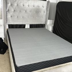 Grey queen bed and box spring bundle