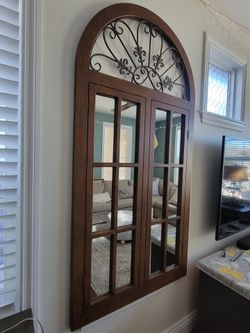 Arched Window Pane Wall Mirror with Metal Scrollwork