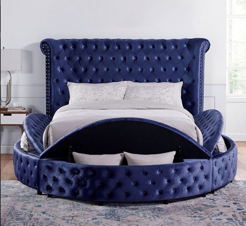 Brand New Plush Blue Velvet Queen Storage Platform Bed Frame (Available In Eastern King)