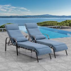 New 2pc Outdoor Patio Pool Chaise Lounge Chairs With Blue Cushions