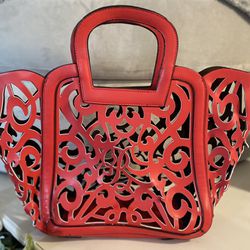 Handcrafted Leather Punched Design Tote with Removable Insert Red