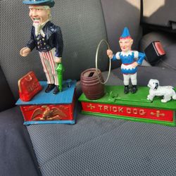 Uncle Sam And Dog Trick Mechanical Banks Cast Iron 