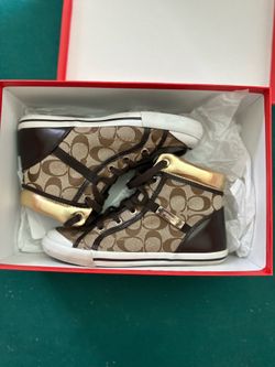 Vintage Coach Freesia Woman's Khaki Gold Signature High Top Sneakers Size 7M, New in Box