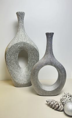 Set of 2 Beautiful and elegant Abstract Art Sculptural Silver Vase 18.5 inch and 13 inch