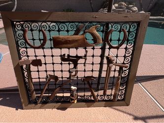 Rustic Framed Iron Grid Antique Tool Wall ART 25x32””