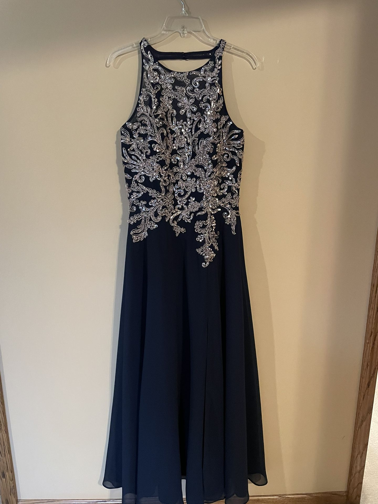 Betsy & Adam Gown, Navy With Rose Gold Embellishment, Size 12