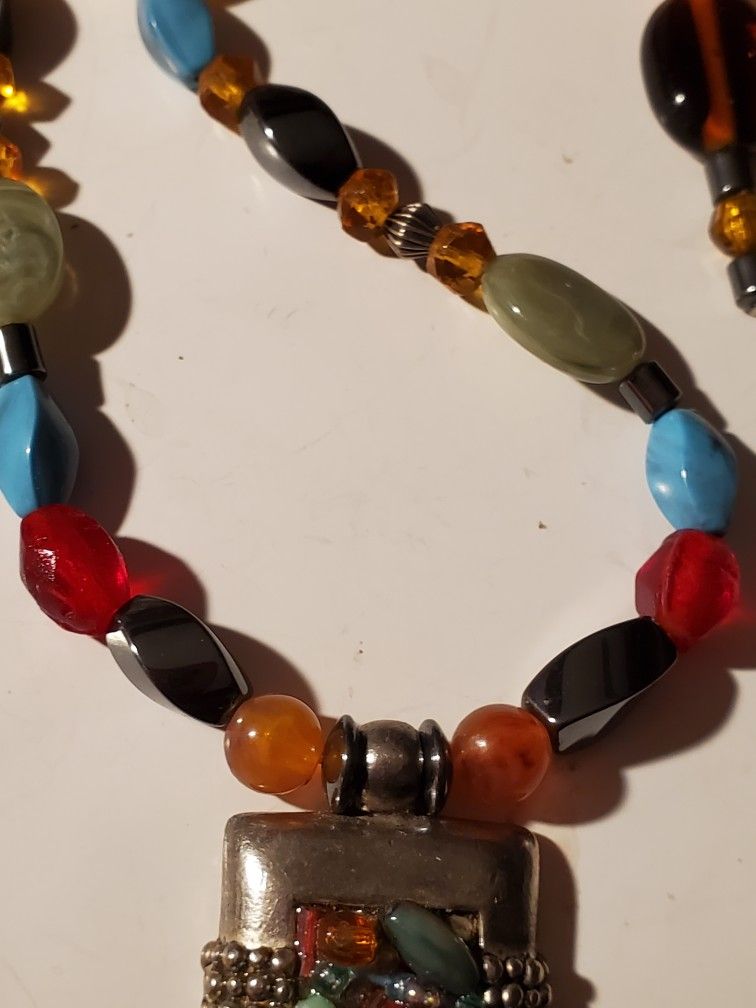 Hematite Gemstone Silver Tone Metal Glass Bead Pendant Choker Necklace Earring Set