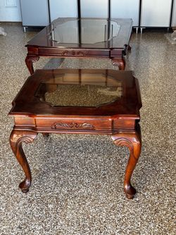 Cherry Wood Glass Top Center and End Table Set of 2