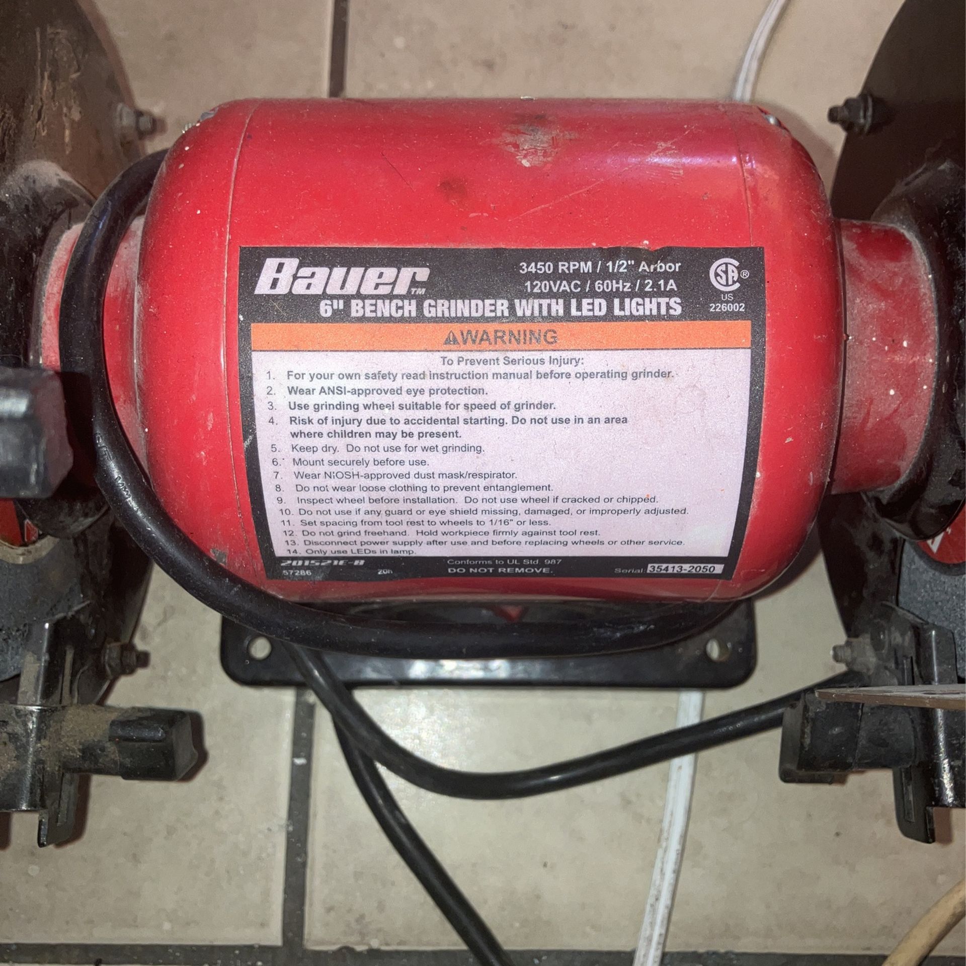 Bauer 6 Inch Bench Tool Grinder W/LED Lights for Sale
