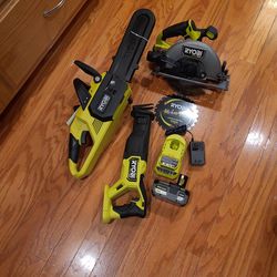 Ryobi 18V 'HP' 10" Chainsaw, 7 1/4" Circular Saw, Reciprocating Saw, Battery, Charger