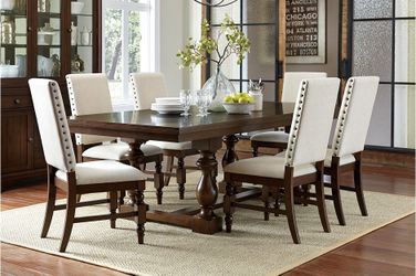 Brand new dark brown formal dining table (44 x 75.5 - 95.5 x 30H) + 6 biege linen chairs