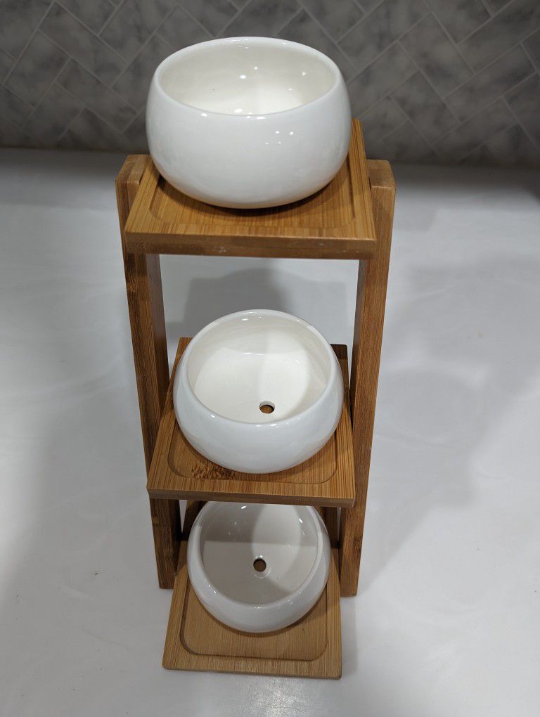 3 Piece Ceramic Succulent Pots with Bamboo Tier Stand