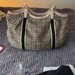 Coach Signature Devin Shoulder Bag- Brown w/ Blue & Yellow Stripe D1481-F26131