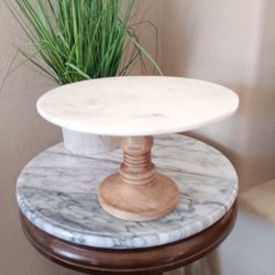 $19 Mango Wood White Marble Cake Stand. Wood has a small crack, lots of Character.