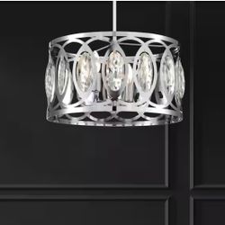 New 16” 4-Light LED Polished Chrome Round Drum Pendant Light, Glam Styled Dimmable Chandelier 