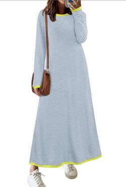 MEROKEETY Women's Striped Long Sleeve Maxi Tshirt Dress Casual W/Pockets Blue S