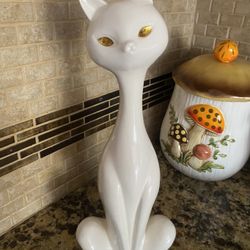 Vintage Ceramic Long Necked White Cat Amber Jeweled Eyes 