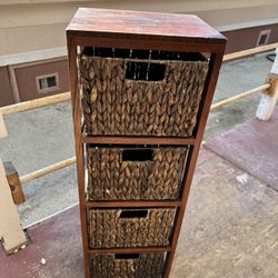 Brown wood and wicker rattan 4 shelf cabinet 12w x 9.5d x 38h