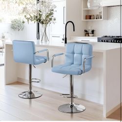 Bar Stools Set of 2, PU Leather Adjustable Swivel Barstools, Hydraulic Kitchen Counter Height Chairs with Armrest and Back for Kitchen, Dining Room, B