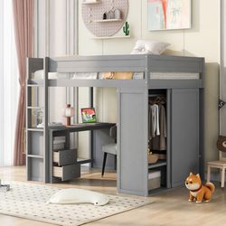 Gray Wood Full Loft Bed w/ Wardrobes & 2-Drawer Desk w/ Cabinet [NEW]