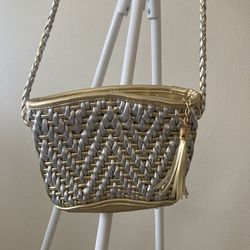 Genuine Leather Crossbody Bag – Gold & Silver Woven – $12