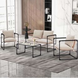 [NOT FOR HEAVY DUTY]Living Room Furniture Sets, 4-Piece Table & Armchair Set w/Metal Frame and Soft Cushion, Mid-Century Modern Accent Chair Set for L