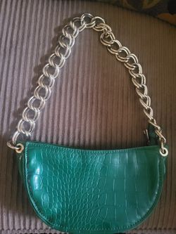 ZARA Green Croc Faux Leather Small Hobo Handbag with Gold Chunky Chain - 8"