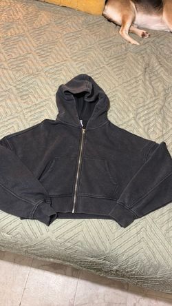 Cropped Zip-Up Hoodie Washed Black