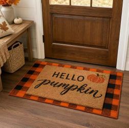 Hello Pumpkin Layered Fall Doormat Set Shed-Free for Front Porch 2-Piece Faux coir & crystal velvet, ideal outdoor fall decor for homeowners, includes