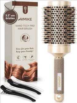 AIMIKE Round Hair Brush, Nano Thermal Ceramic & Ionic Tech, 2.1 Inch Barrel with Boar Bristles for Enhanced Texture, Golden, Hair Drying, Styling, Cur