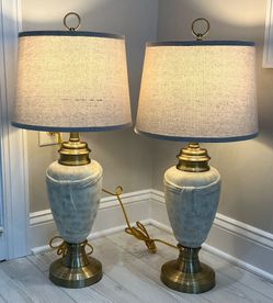 2 Brushed Antique Gold Metal & Cream, Gold & Charcoal Gray Ceramic Lamps w Matching Finials & Shades