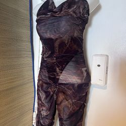 Bodycon jumpsuit ruffle bottom halter top cross cross back sky lighting tye dye