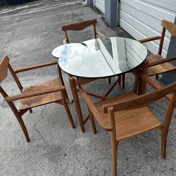 Mid-Century Modern Style Wooden Table Set Four Chairs Glass 