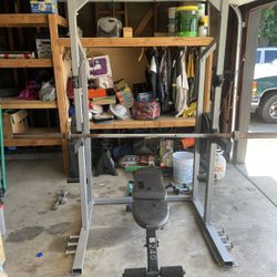 Squat Rack, Bench Press, Weights 