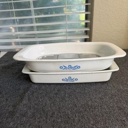 Vintage Corning Ware Cornflower Blue Roaster with Rack & Baking Dish Set