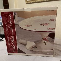 HAND PAINTED CERAMIC Cake Plate with Server